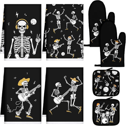 Leinuosen 8 Pcs Skull Kitchen Decor Set Kitchen Towels Gothic Oven Mitts and Pot Holders Skeleton Hand Dish Towels Horror Oven Mitts for Home Decoration Party Gifts (Modern Color,Music) by Leinuosen