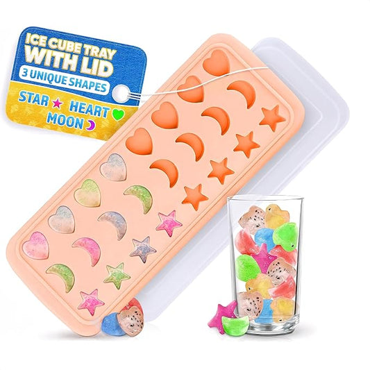 Mini Star Ice Cube Tray with Lid – Stars, Moons & Hearts that Just Pop Right Out – 24 Cavities Cute Ice Cube Tray, Flexible Silicone, Easy Release | Reusable Molds for Cocktails, Parties & Desserts