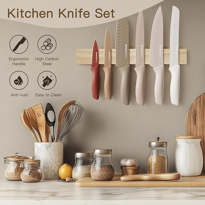 Astercook Knife Set, 13 Pieces Kitchen Knives Set with Healthy Anti-Rust Coating, Dishwasher Safe, Stainless Steel Chef Knife Sets with 6 Blade Guards, Perfect Mothers Day Gifts for Kitchen - Image 3