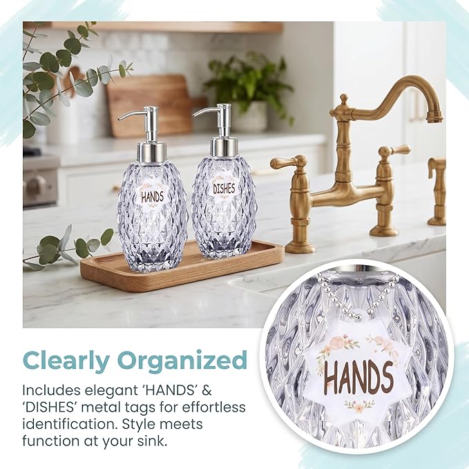MALACHI Soap Dispenser Set, Crystal-Textured Diamond Glass with Rustproof Stainless Steel Pump, Dual-Labelled Hand & Dish Soap Dispenser for Kitchen & Bathroom