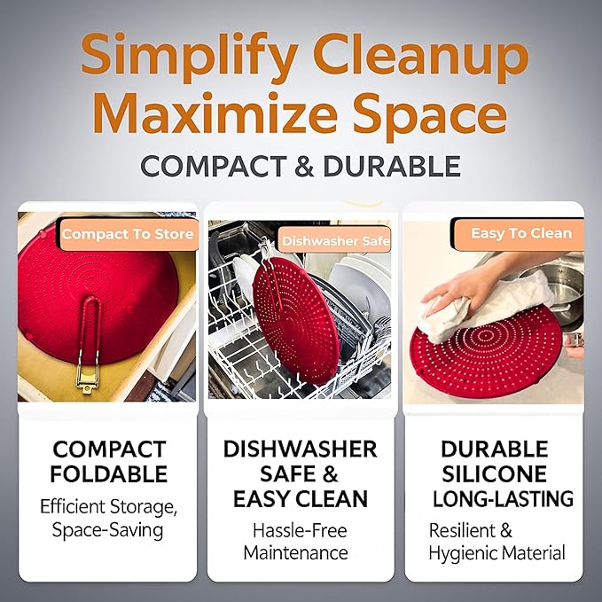 Silicone Splatter Screen for Frying Pan, 13” Red – Grease & Oil Splatter Guard, Heat Resistant, Dishwasher Safe, Foldable Handle with Sleeves – Splash Guard Fits 10–12” Pans, Most 13” Skillets - Image 6