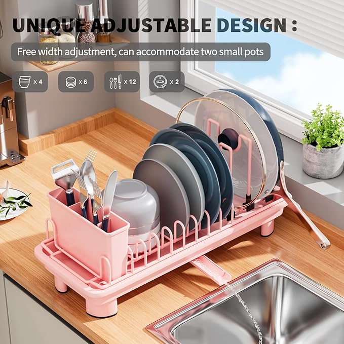 SanDream Small Dish Drying Rack with Removable Utensil Holder & Anti-Scratch Base - Stainless Steel Dish Rack, Dish Drying Rack with Drainage & Space Saving Design for Kitchen Counter, Pink - Image 4