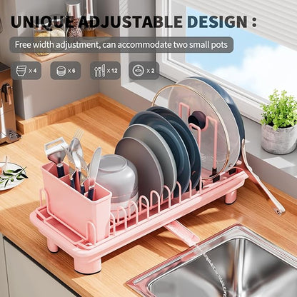 SanDream Small Dish Drying Rack with Removable Utensil Holder & Anti-Scratch Base - Stainless Steel Dish Rack, Dish Drying Rack with Drainage & Space Saving Design for Kitchen Counter, Pink - Image 4