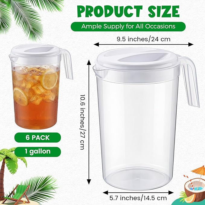6 Pcs 4 Quart / 1 Gallon Plastic Pitchers with Lids Iced Tea Pitchers Drink Container with Twist Cover Tea Jug for Fridge Water Juice and Fridge Storage, Dishwasher and Freezer Safe