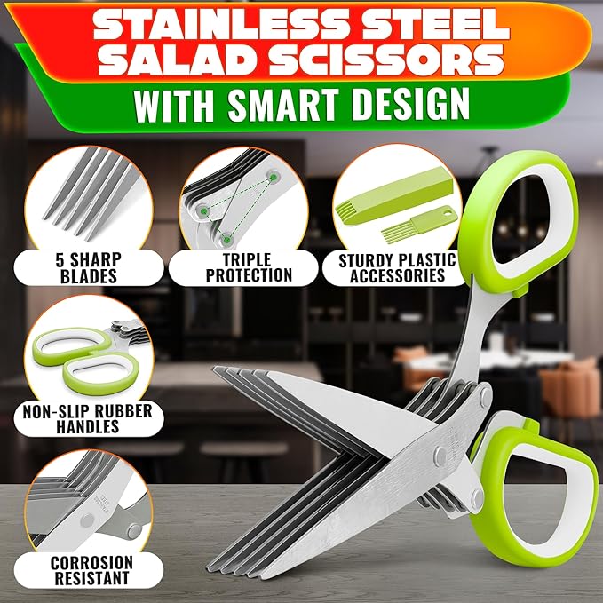 Herb Scissors with 5 Blades and Cover – Stainless Steel Herb Cutter with Ergonomic Handle and Cleaning Brush, Dishwasher Safe Design – 5x Faster Cutting of Cilantro, Parsley, Green Onion & Fresh Herbs - Image 3
