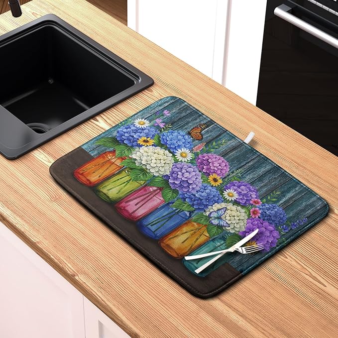 Hydrangea Dish Drying Mat Spring Summer Floral Jars Kitchen Drying Mats for Countertops Vintage Flower Vases Dish Draining Mat Microfiber Absorbent Dish Rack Pad 16x18 Inch - Image 6