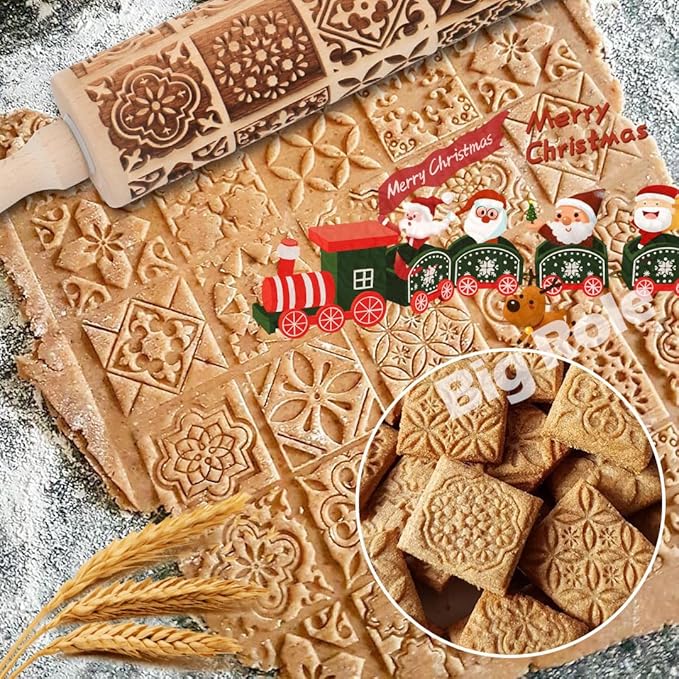 Christmas Embossed Rolling Pin for Baking Cookies Embossing Rolling Pins with Design Wooden Engraved Springerle Roller Pin Dough Patterned Clay Pottery Ceramic Bakers Women (Vintage Square Patterns)