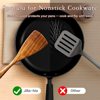 Jilla-hla Wooden Spatula Nonstick Turner Acacia Wood, Long Handle Flat Frying Spatulas Handmade for Kitchen Gifts, Ideal Cookware Utensils for Cooking Eggs, Fish, Pancakes - Image 4