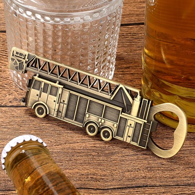 Fire Truck Bottle Opener – Firefighter Gifts for Men, Dad, Grandpa – Bronze Fire Truckt-Shaped Bar Accessory with Gift Bag – Perfect for Birthday Fathers Day Christmas BBQ Camping