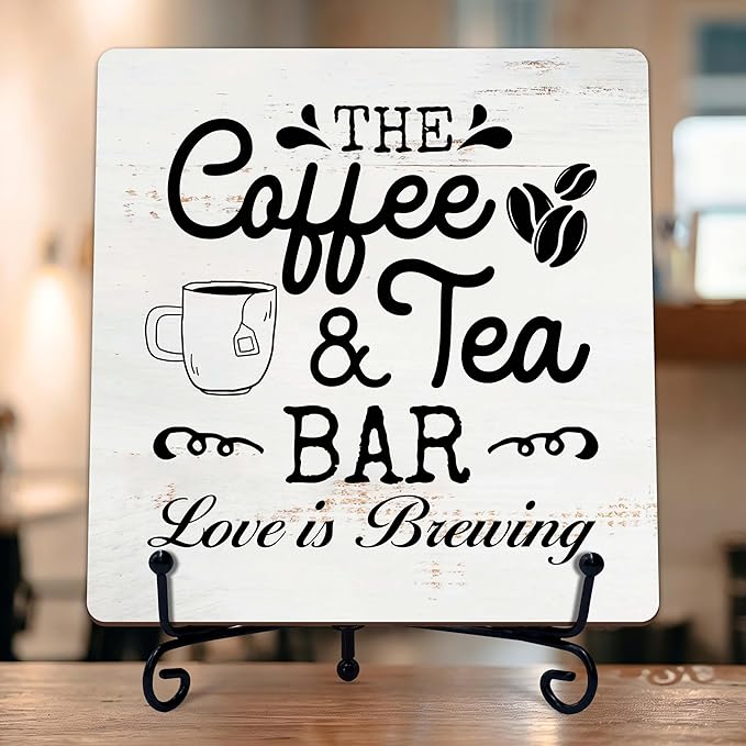 Coffee Bar Sign, Love is Brewing Farmhouse Tabletop Decor, Coffee and Tea Lover Gifts, 5x5 Wood Plaque with Iron Stand for Home Kitchen Cafe, Coffee Bar Decor – L07 by TIRYWT