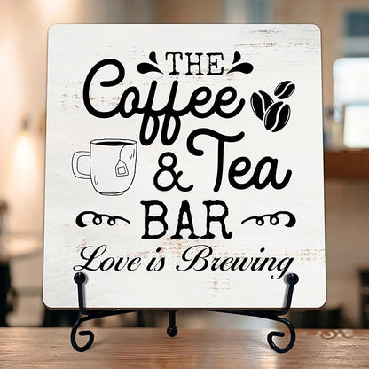 Coffee Bar Sign, Love is Brewing Farmhouse Tabletop Decor, Coffee and Tea Lover Gifts, 5x5 Wood Plaque with Iron Stand for Home Kitchen Cafe, Coffee Bar Decor – L07 by TIRYWT