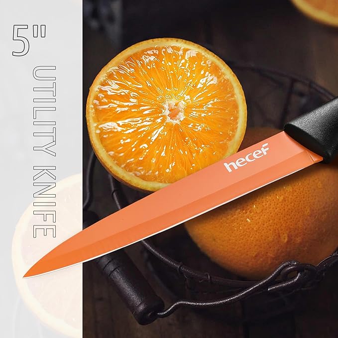 hecef 14 Pieces Kitchen Knife Set with Built-in Sharpening Wooden Block, Dishwasher Safe, High Carbon Stainless Steel Knife Block Set with Steak Knives, Kitchen Scissors (Orange)