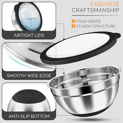 HaWare Mixing Bowls, 24-Piece Stainless Steel Salad Serving Bowl with Airtight Clear Lids, Metal Nesting Bowl For Kitchen Cooking Prepping Storing with 3 Graters, 4.6/2.6/1.5/1/0.7 QT, Black