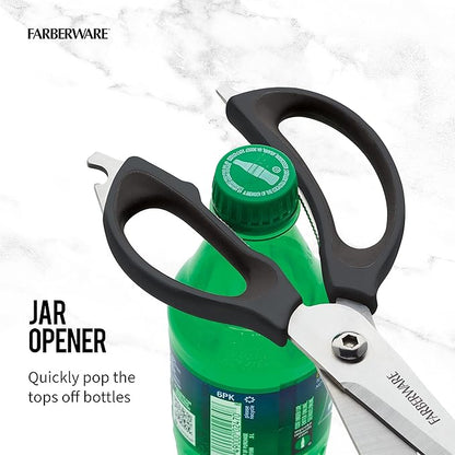 Farberware 4-in-1 Kitchen Scissors with Black Handle, High-Carbon Stainless Steel Shears with Bottle Opener, Jar Opener and Screwdriver, Kitchen Shears for Food Prep