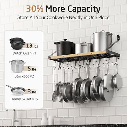 KES Pot Rack Wall Mounted 34 Inch, Pot and Pan Hanging Rack with 20 Sturdy Hooks, Solid Wood Pot and Pan Hanger Organizer, Matte Black, KUR529S85A-BK