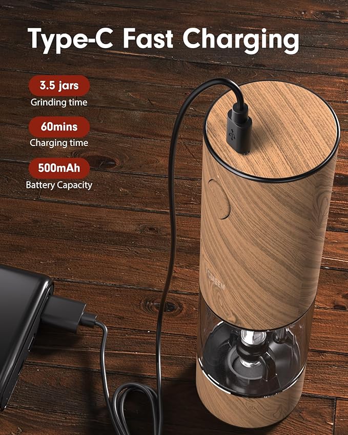 TOMEEM Upgraded Larger Capacity Electric Salt and Pepper Grinder Set Rechargeable with LED lights, Stainless Steel Automatic Pepper and Salt Grinder Refillable with 5 Adjustable Coarseness Wood Grain - Image 3