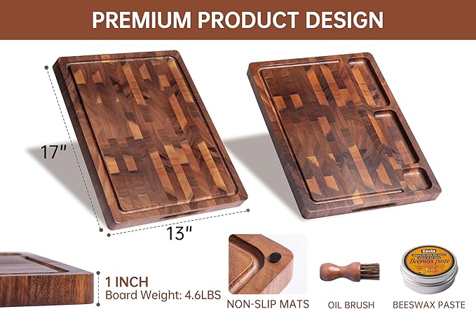 THETCHRY Walnut Wood Cutting Boards for Kitchen, End Grain Chopping Board Double Sided, Large Cutting Board with Handle, Charcuterie Butcher Block for Meal Prep & Serving with Gift Box, 17"×13"×1" - Image 3