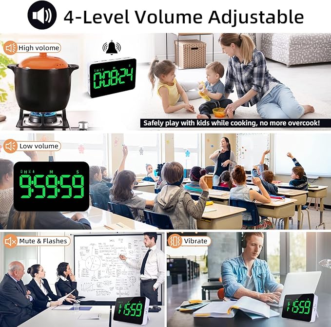 Rechargeable Digital Kitchen Timer for Cooking, Magnetic Timers with Countdown/up, Kids Timer with 5”LED Display 3 Brightness 4 Volume Adjustable for Classroom/Office/Home/Work/Fitness/Game(Green) - Image 4