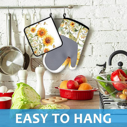 Watercolor Sunflower Oven Mitts and Pot Holders Sets Heat Resistant 4Pcs Busy Bee Potholders Oven Gloves Hot Pads for Kitchen Baking Cooking Grilling BBQ