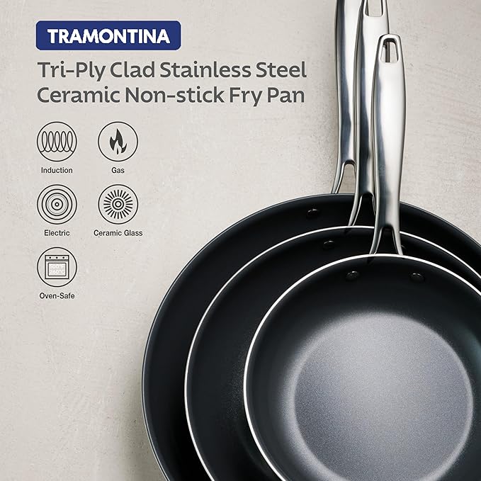 Tramontina Signature 8-Inch Tri-Ply Clad Stainless Steel Small Frying Pan with Ceramic Non Stick Interior, Induction-Ready Nonstick Skillet, Oven-Safe, Made in Brazil - Image 5
