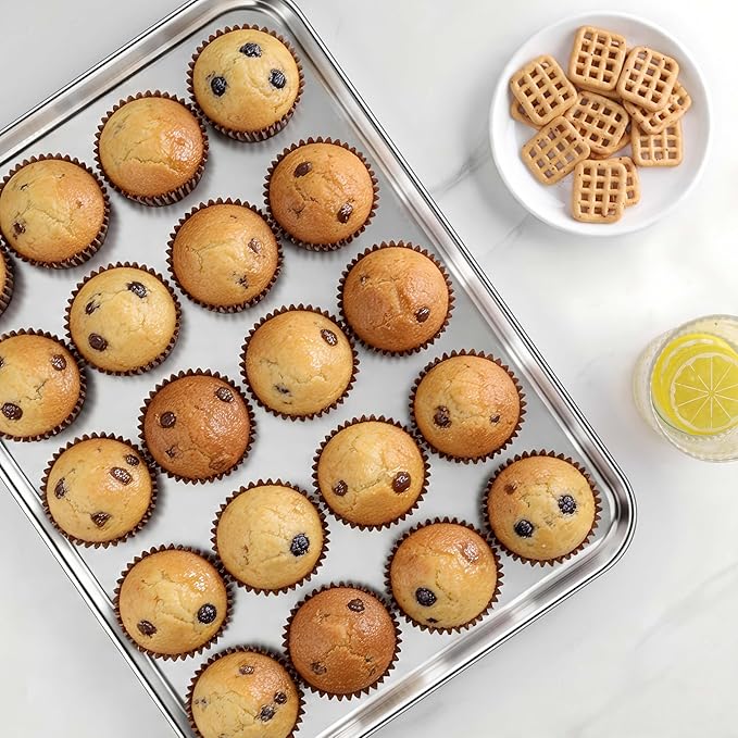 LIANYU 2 Pack Cookie Sheets for Baking, Stainless Steel Baking Tray Pan, 16x12 Inch Jelly Roll Pan for Oven, Healthy Metal Tray for Home Bakery Hotel Restaurant, Heavy Duty & Dishwasher Safe - Image 6