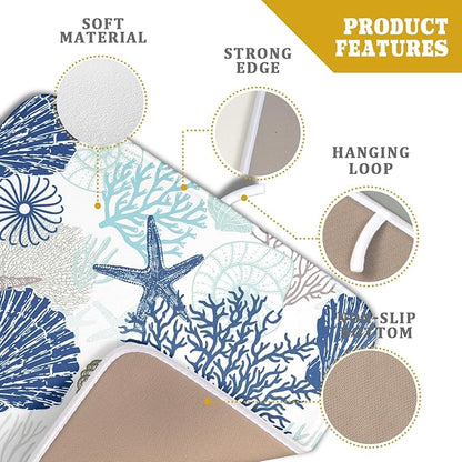 Summer Navy Blue Dish Drying Mat for Kitchen Counter 16×18 Inch Coral Drainer Pad Washable Starfish Dish Rack Pad Drainer Mat Beach Absorbent Reversible Microfiber Dish Drying Pad for Coffee Bar