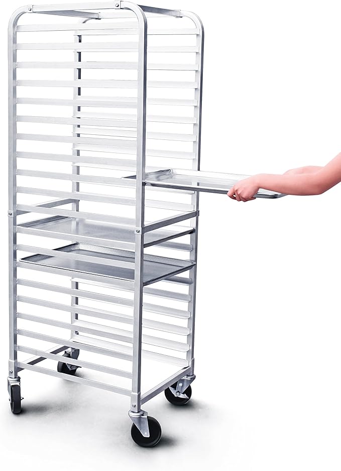 New Star Foodservice 36527 Commercial-Grade Aluminum 20-Tier Sheet Pan/Bun Pan Rack, 26" L x 20" W x 69" H with Brake Wheels Silver - Image 2