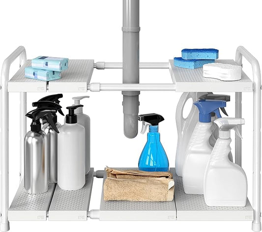 Simple Houseware Under Sink 2 Tier Expandable Heavy Duty Metal Shelf Organizer Rack, White (Expand from 15 to 25 inches)