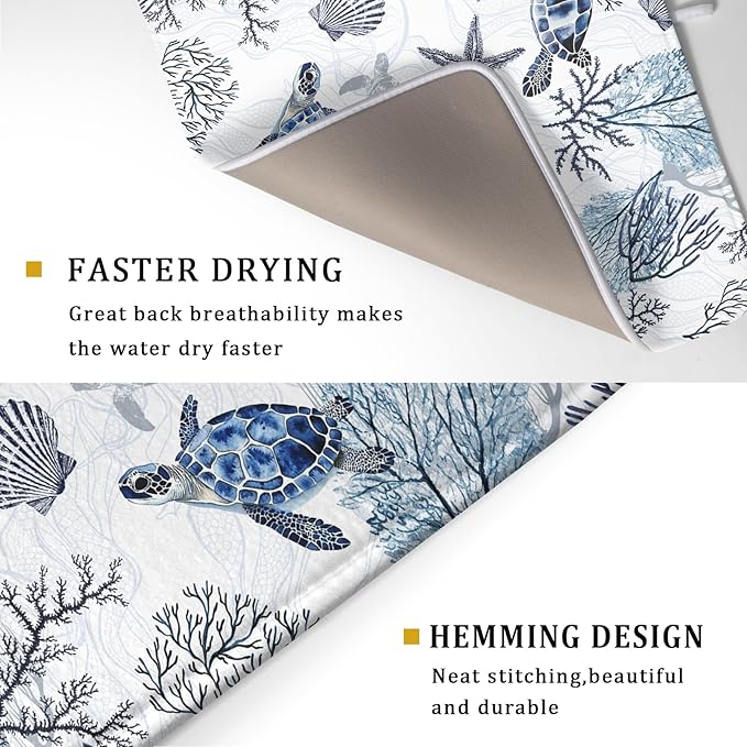 Giwawa 18"x24" Coastal Sea Turtles Dish Drying Mat Nautical Ocean Tortoise Coral Starfish Dish Drainer Mats for Kitchen Microfiber Reversible Dish Drying Rack Pad for Countertop Tabletop Decor