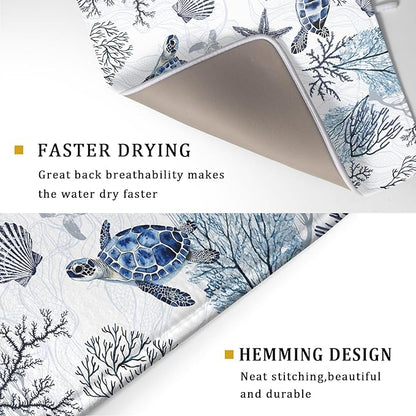 Giwawa 18"x24" Coastal Sea Turtles Dish Drying Mat Nautical Ocean Tortoise Coral Starfish Dish Drainer Mats for Kitchen Microfiber Reversible Dish Drying Rack Pad for Countertop Tabletop Decor