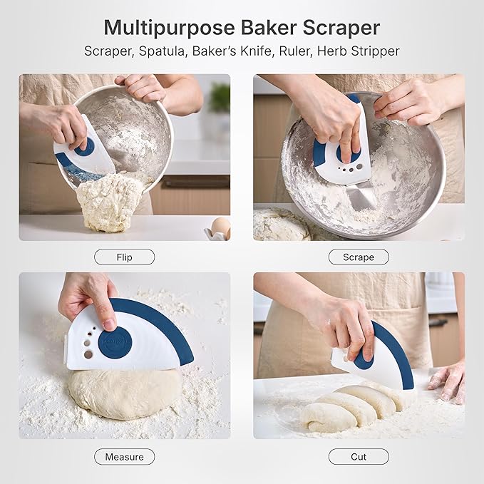 5-in-1 Dough Scraper & Flexible Bowl Scraper by Nextrend, Bread Scraper with Stainless Steel Edge, Ruler & Herb Stripper – BPA Free, Dishwasher Safe - Blue - Image 2