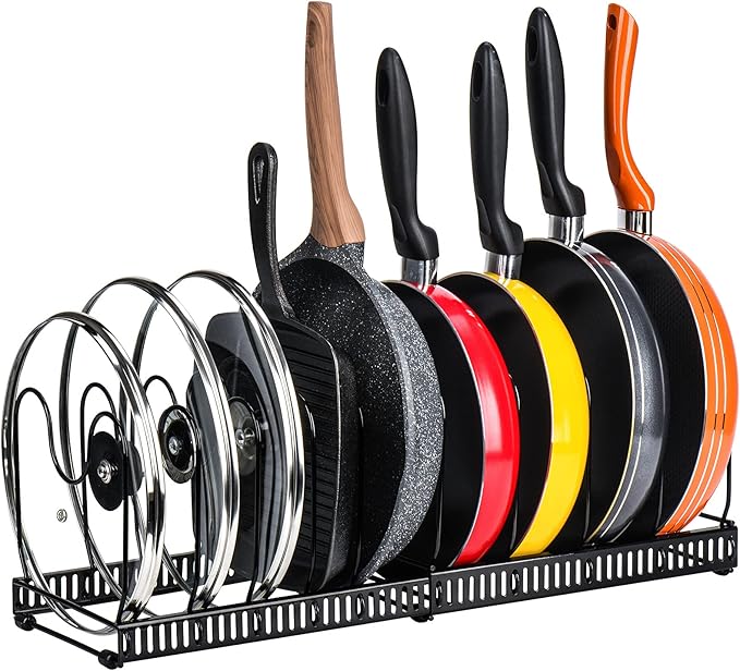 Toplife Pots and Pans Organizer Rack for Cabinet and Countertop, 10+ Pot Lids, Bakeware and Cookware Holder with 10 Adjustable Compartments - Black by Toplife