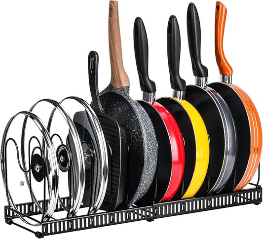 Toplife Pots and Pans Organizer Rack for Cabinet and Countertop, 10+ Pot Lids, Bakeware and Cookware Holder with 10 Adjustable Compartments - Black by Toplife
