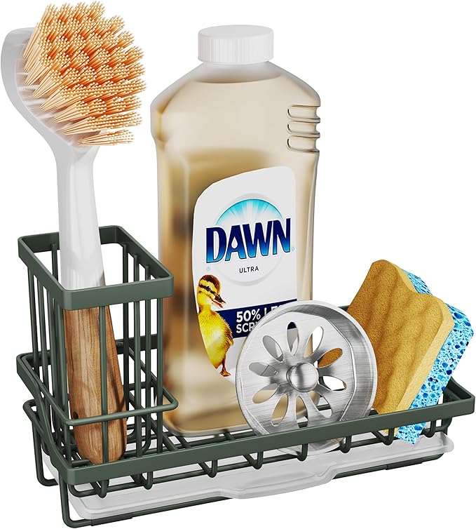 SWTYMIKI Sink Caddy Sponge Holder - Kitchen Sink Organizer with High Brush Holder for Countertop to Hold Dish Soaps and Sponges, Stainless Steel, Green by SwtyMiki-TidyHomeSweetLife