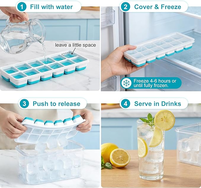 NFK Ice Cube Tray with Lid & Bin - 4 Pack 48 Cubes Stackable Silicone Trays for Freezer with Storage Container, Leak-Proof Lids, BPA-Free, Easy Release for Kitchen, RV, Party, Cocktail & Coffee - Image 7