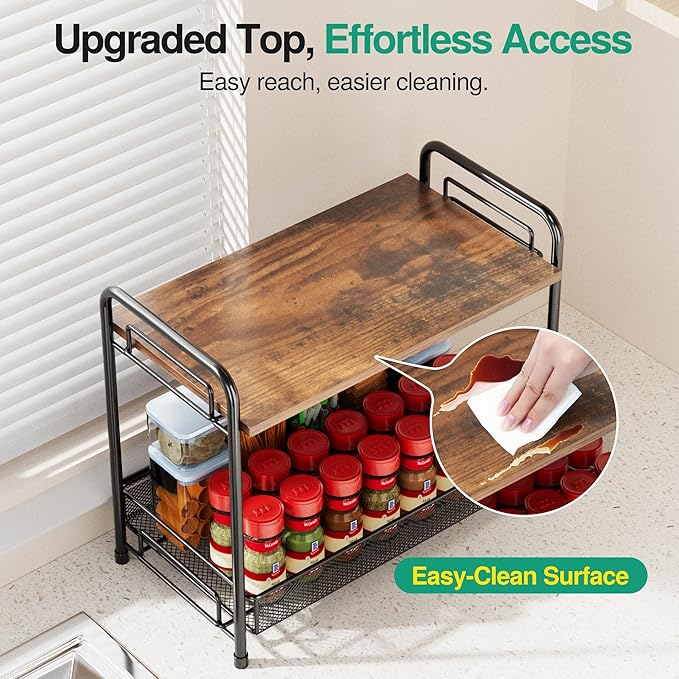 2 Pack Spice Rack Organizer for Countertop with Wood Top, 2-Tier Foldable Metal Rust-Proof Standing Large Seasoning Storage Shelf with Guardrail & Mesh Design for Kitchen Living Room, Black - Image 2