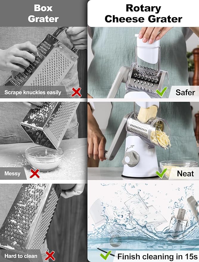 Cheese Grater Rotary, Rotary Grater for Kitchen, Kitchen Grater Vegetable Slicer with 3 Drum Blades, Fast Cutting Cheese Shredder for Vegetables and Nuts - Image 5