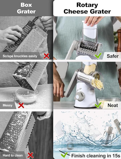Cheese Grater Rotary, Rotary Grater for Kitchen, Kitchen Grater Vegetable Slicer with 3 Drum Blades, Fast Cutting Cheese Shredder for Vegetables and Nuts - Image 5