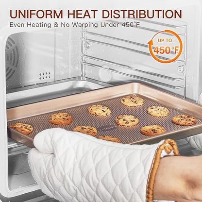 HONGBAKE 3 Pack Gold Nonstick Baking Sheet Pan Set with Oven Mitts Heat Resistant, Non-Toxic Half/Quarter/Jelly Roll Pans with Diamond Texture Pattern, Heavy Duty 0.8mm Thick Cookie Trays for Cooking - Image 8