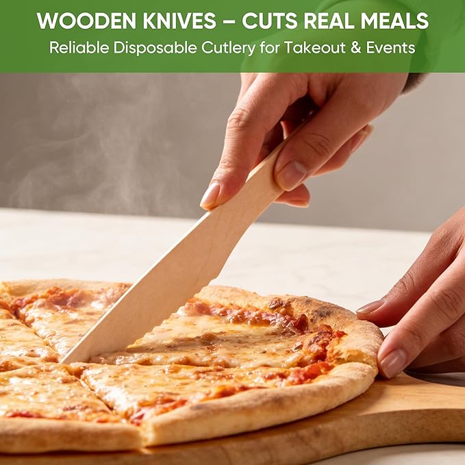 Disposable Wooden Utensils Set, Compostable Utensils, Disposable Cutlery Eco-Friendly Silverware Set for Parties, Catering, Office Lunches-300 PCS 6.4" Knives