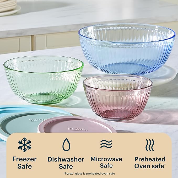 Pyrex Colors (3-Pack, Full Set) Sculpted Tinted Glass Mixing Bowls With Plastic Lids, Nesting Space Saving Set of Bowls For Prepping and Baking, 1.3QT, 2.3QT & 4.5Q, (Pink, Green, Blue) - Image 6