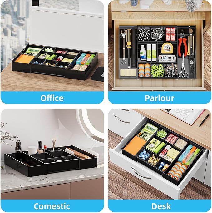 Marbrasse Expandable Desk Drawer Organizer, Clear Plastic Drawer Organizer Tray with 10 Adjustable Compartments, Desk Organizers and Accessories, 5 Drawer Dividers for Office Supplies, Makeup(Black) - Image 5