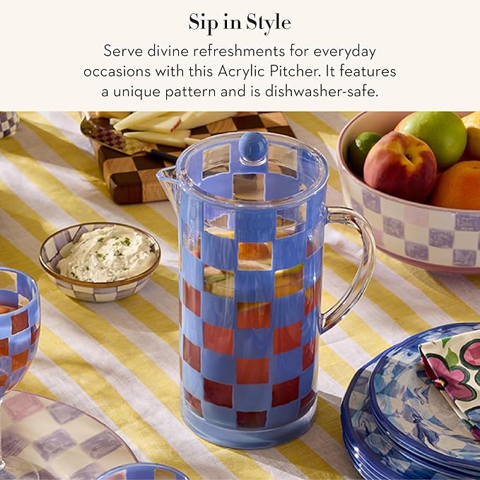 MACKENZIE-CHILDS Acrylic Pitcher with Spout for Water, Lemonade, and Farmhouse Home Decor, 2.5 Quarts, Blue Check - Image 2