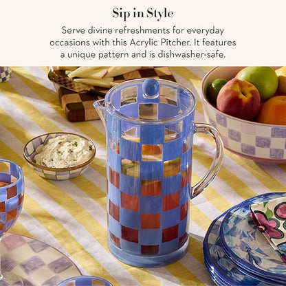 MACKENZIE-CHILDS Acrylic Pitcher with Spout for Water, Lemonade, and Farmhouse Home Decor, 2.5 Quarts, Blue Check - Image 2