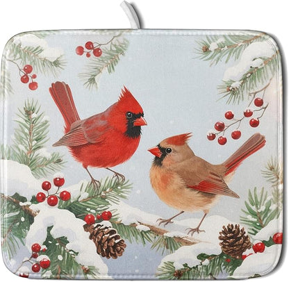 Winter Cardinal Bird Dish Drying Mat for Kitchen Counter 16x18 Christmas Snow Scene Theme Seasonal Absorbent Reversible Microfiber Drying Mats Kitchen Countertop Protector Dishes Drainer Pad by Aytipun