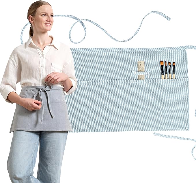 MEEMA Chef Waist Apron Cotton Fabric |Washable & Breathable Waitress & Server Half Aprons for Women with Pockets & Long Waist Straps | Cooking, Baking, Grilling & Crafting