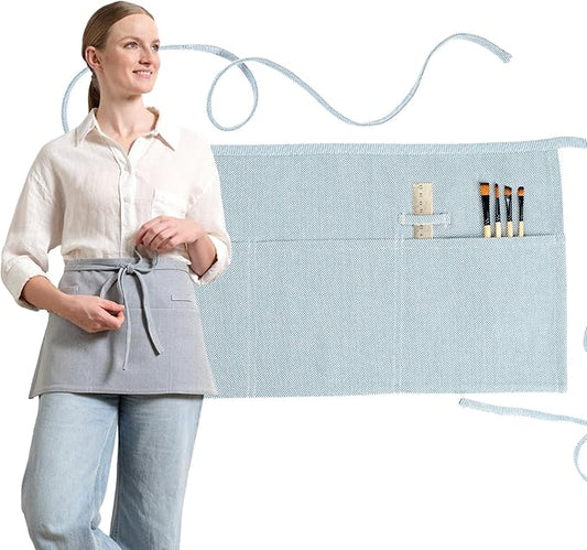 MEEMA Chef Waist Apron Cotton Fabric |Washable & Breathable Waitress & Server Half Aprons for Women with Pockets & Long Waist Straps | Cooking, Baking, Grilling & Crafting