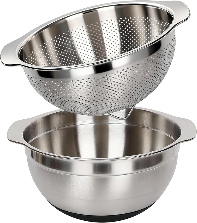 304 Stainless Steel Colander, 5 QT Large Capacity and 5QT Mixing Bowl, 2mm Micropore Strainer for Washing Rice, Fruit, and Veggies, Perfect Draining for Cooked Pasta by Qimh