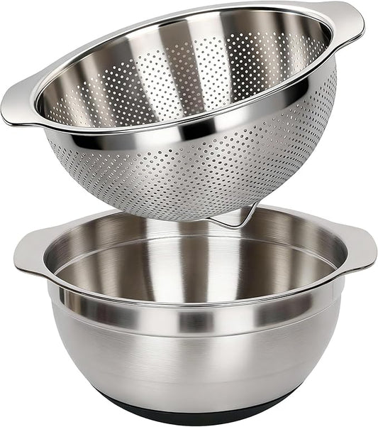 304 Stainless Steel Colander, 2.5 QT Capacity and 2.5 QT Mixing Bowl, Micropore Strainer for Washing Rice, Fruit, and Veggies, Perfect Draining for Cooked Pasta by Qimh