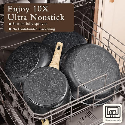 GiPP Ceramic Pots and Pans Set Non Stick - 17 Pcs Nonstick Cookware Set, Non-toxic Healthy Kitchen Cooking Set w/Frying Pans Set, Dishwasher Safe, PFAS PTFE PFOA PFOS Free, Dark Gray